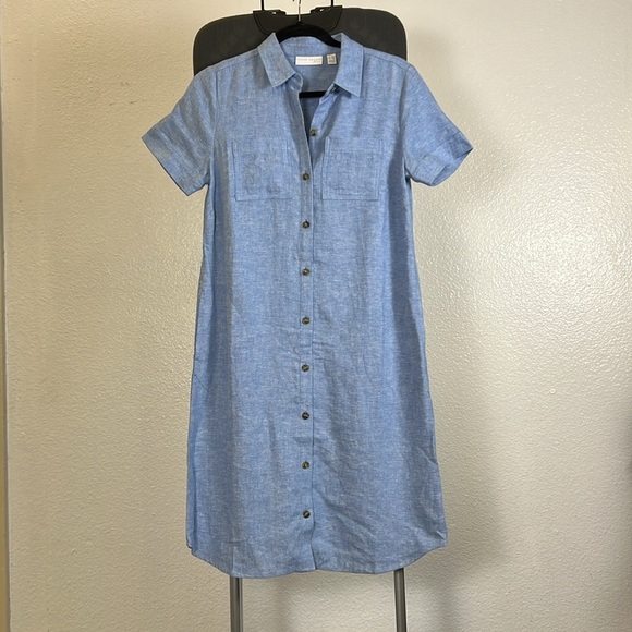 Susan Graver Women’s Linen Blend Blue Button Down Shirt Dress Size XXS - Picture 2 of 9